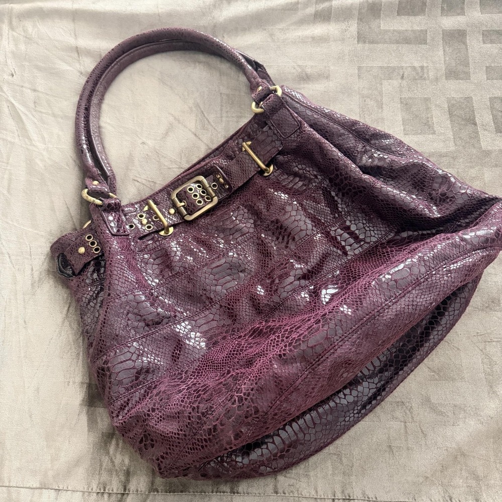 Shoulder Bag Womens Large Purple Snakeskin Faux Leather Buckle Accent Hobo